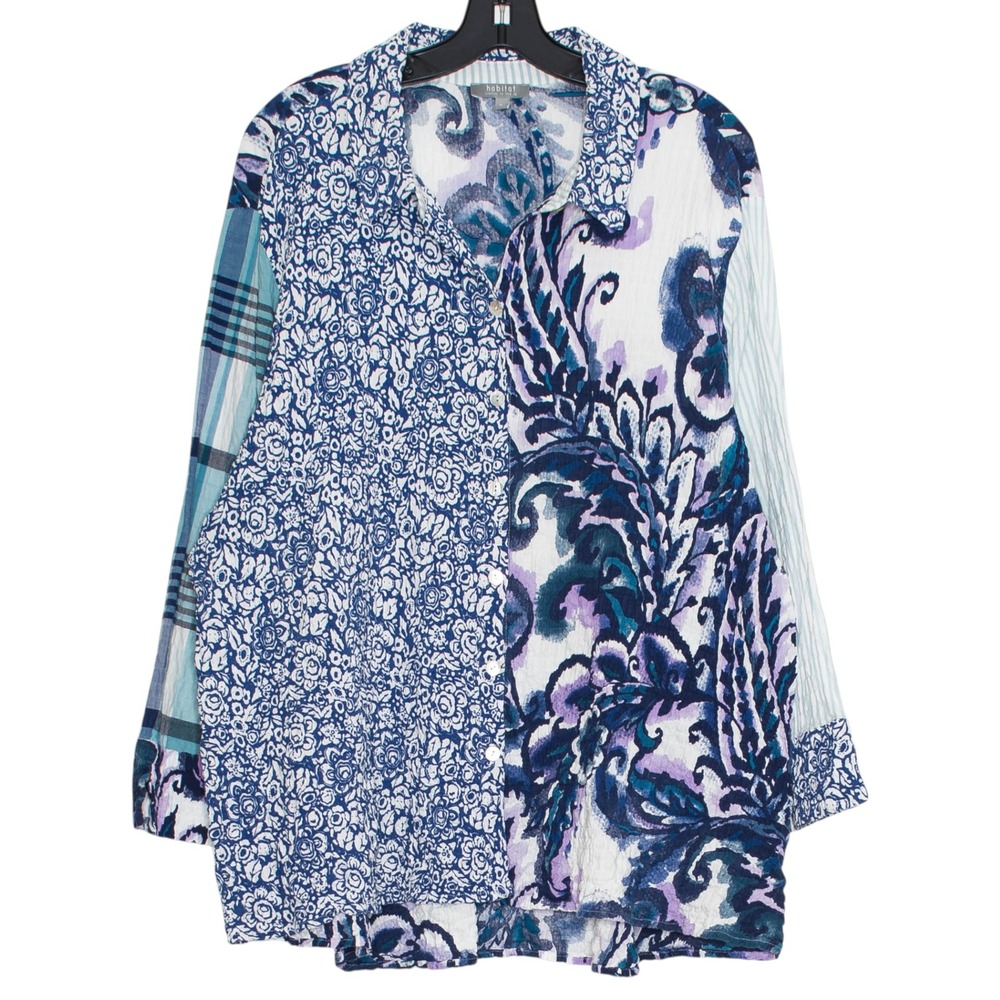 Habitat 3/4 Sleeve Button Top Crinkle Abstract Patchwork Art To Wear Boho XL